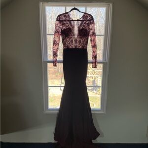 Long Sleeve Lace Bodice Evening Dress - Burgundy Brand New with tags
